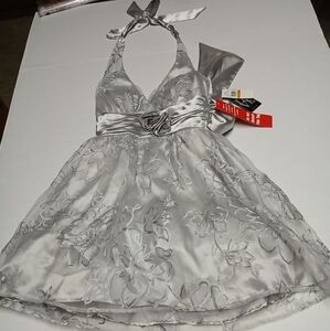 Love Tease Silver Halter Mini Dress w Satin Rose & Back Bow Jnrs Sz 3 Party Prom